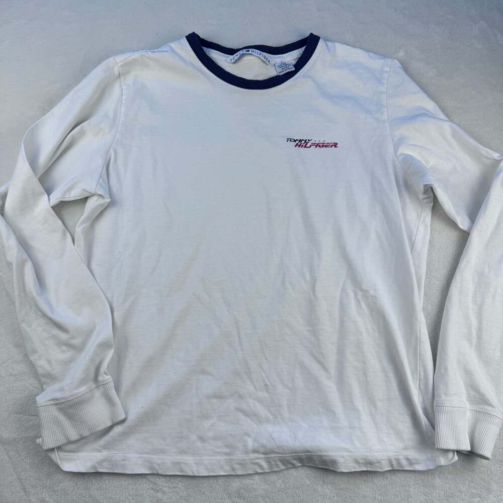 Vintage Tommy Hilfiger Long Sleeve Ringer Tee White Navy Blue Size Large